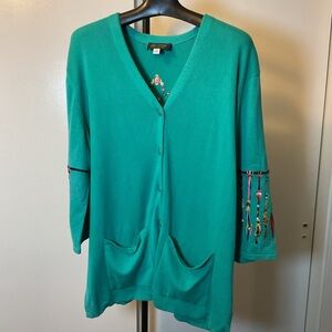 16. Bob Mackie Teal Button-Up Cardigan with Embroidered Dream Catchers Size 2X
